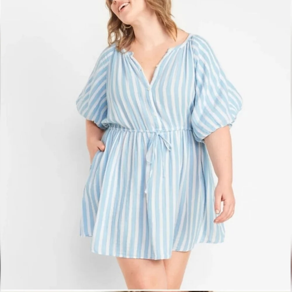 NWT Old Navy Waist Defined Puff Sleeve Light Blue Stripe Dress‎ Plus Size 3X